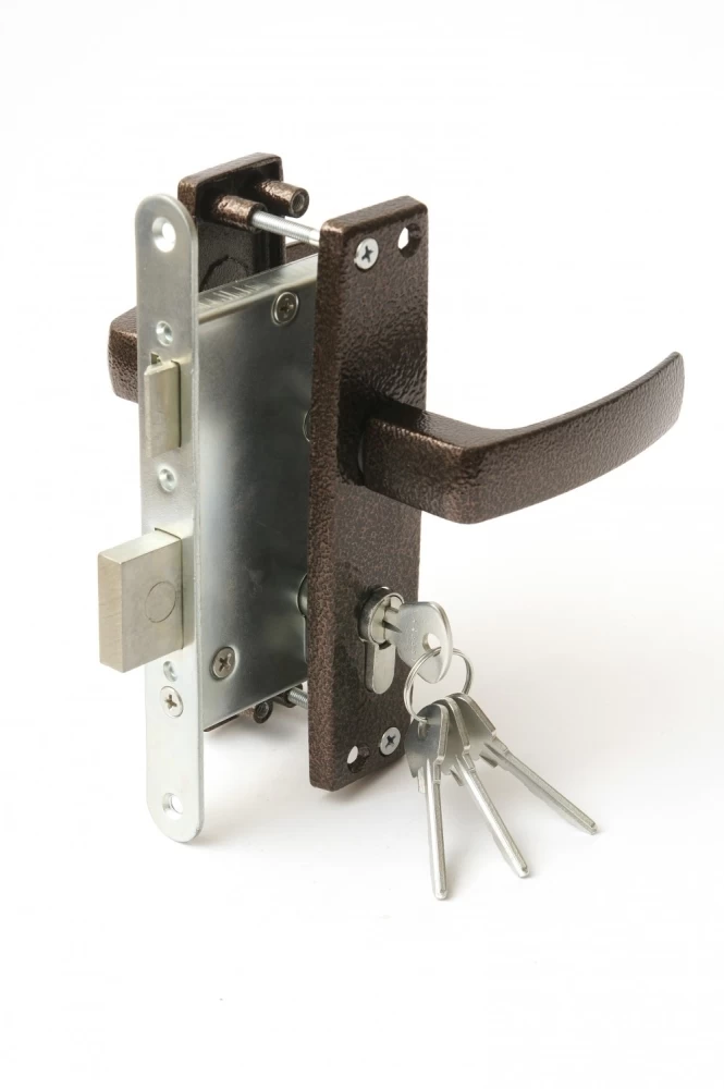 Фото Замок врезной цилиндровый с защёлкой в комплекте с ручкой ЗВ4-3.04 (медь), 4 кл.